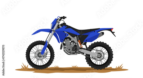 Blue Dirt Bike Illustration with Knobby Tires and Engine Detail.