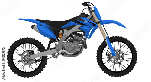 Blue and Black Motocross Bike with Knobby Tires and Silver Frame.