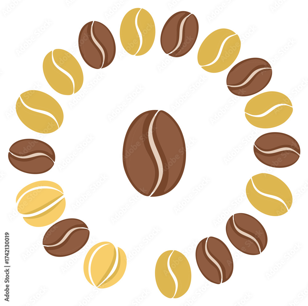 Obraz premium Circular arrangement of coffee beans in different shades of brown and yellow showcasing the product