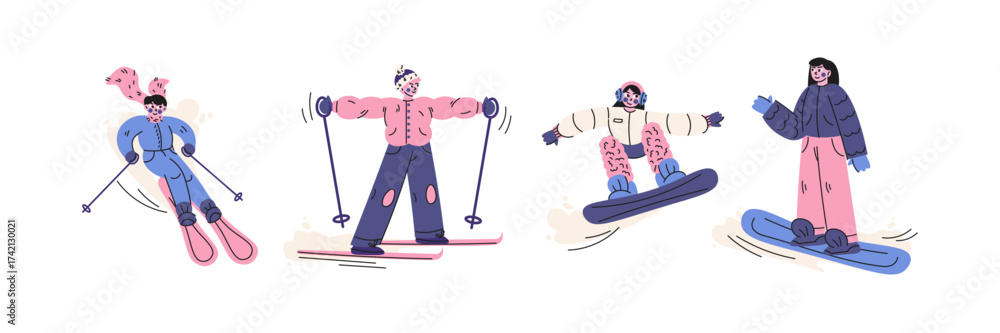 Fototapeta premium Winter sports characters skiing and snowboarding in retro cartoon style. Skiers with poles, snowboarders in motion, winter outfits. Seasonal mountain activity set for sport design lifestyle