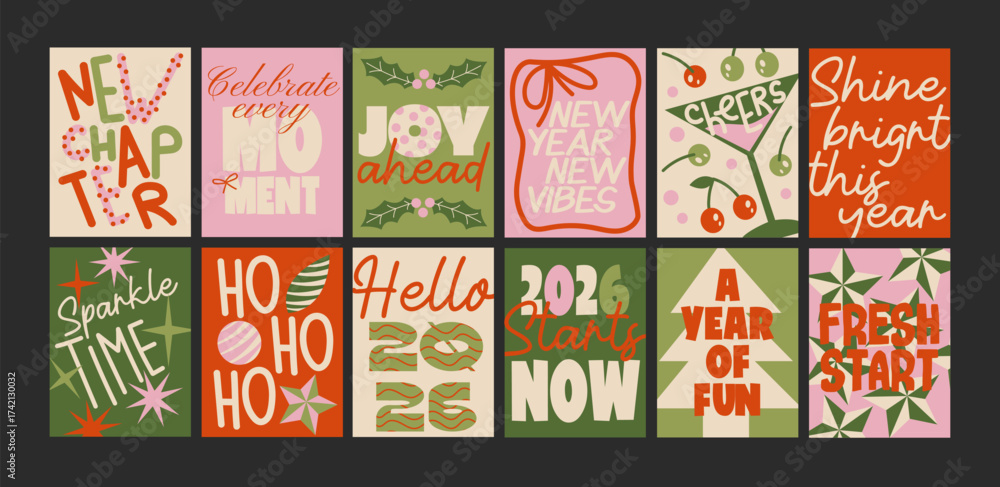 Naklejka premium Christmas new year posters in cartoon style. Holiday gifts, santa, christmas tree, coziness. Holiday seasonal vector postcards in retro groovy style. picture for wall and for printing 