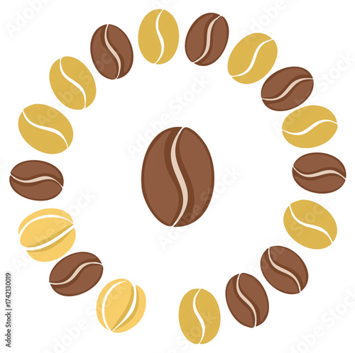 Circular arrangement of coffee beans in different shades of brown and yellow showcasing the product