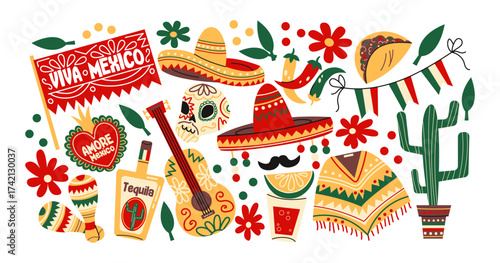 Mexican fiesta stickers in retro cartoon. Traditional holiday set: sombrero, poncho, tequila, guitar, maracas, cactus, chili, flowers. Celebration illustration for Cinco de Mayo, party decor