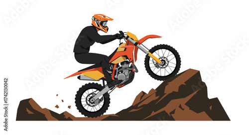 Motocross Rider on Orange Dirt Bike Climbing Rocky Terrain.