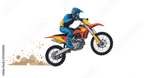 Motocross Rider Performing Jump on Dirt Bike with Dust Trail.