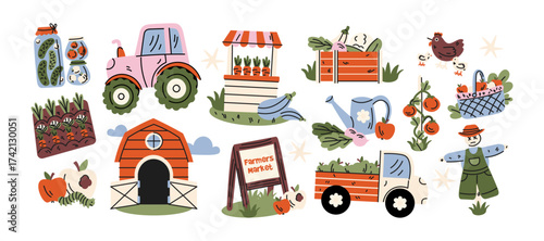 Farmer and village life stickers set in cartoon style. Farm tools, tractor, barn, vegetables, basket and scarecrow with market and gardening elements, cozy countryside harvest season.