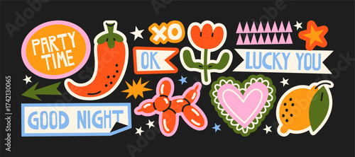 Futuristic y2k patches, labels, tags, stickers, bracelet stamps in retro. Cartoon stickers in funky hipster groovy grunge 90s style. Vector set, trendy promo labels	