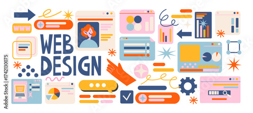 Retro cartoon set of web pages pc.old computer style. geometric frames in 90s memphis style. Set of user interface elements. Retro browser computer window. Y2k vector promo doodle comic banner