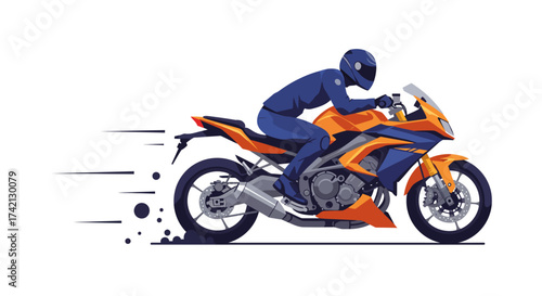 Stylized Illustration of a Motorcyclist on an Orange and Blue Sport Bike.