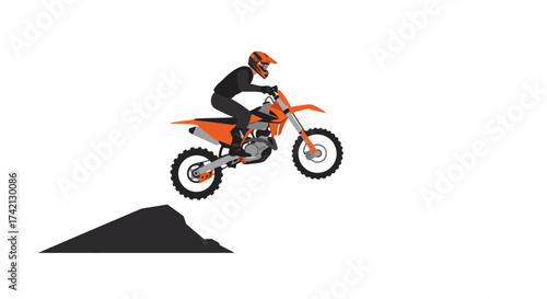 Motocross Rider Leaping Off a Dirt Mound on Orange Motorcycle.