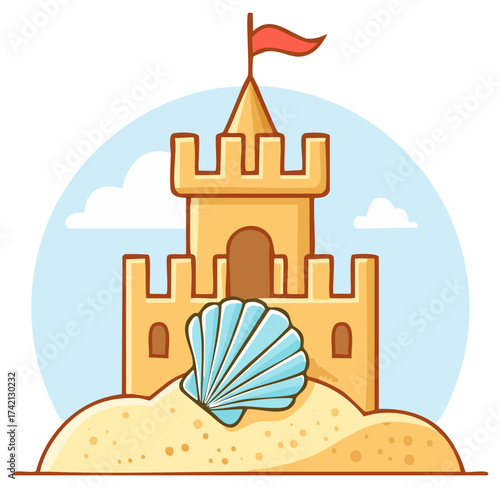 Cartoon sandcastle with seashell and red flag under blue sky and clouds