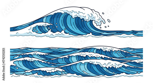 Stylized ocean waves in various blue shades.