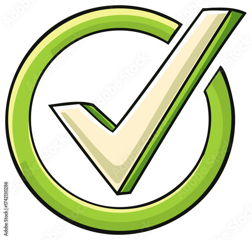 Illustrated green check mark icon in a circle symbolizing success approval and correctness