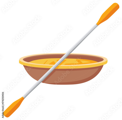 Cartoon Rowboat and Paddle Illustration - Flat Design of a Boat with Oar for Water Sport Adventures