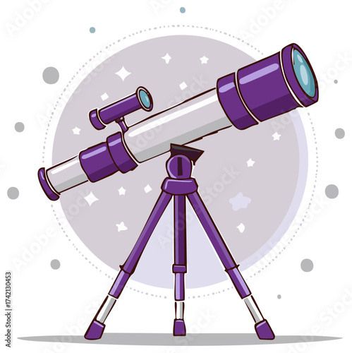A purple and white telescope on a tripod with a starry background illustration