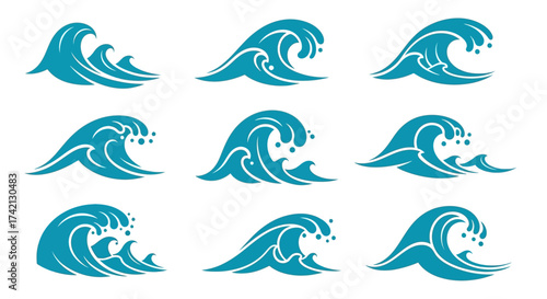 Collection of blue wave icons in various styles and formations.