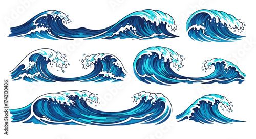 Collection of ocean waves in various blue shades and sizes.