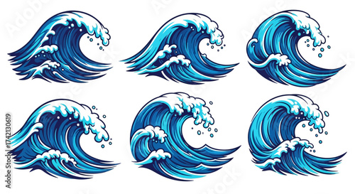 Six different illustrations of ocean waves in various stages of crashing.