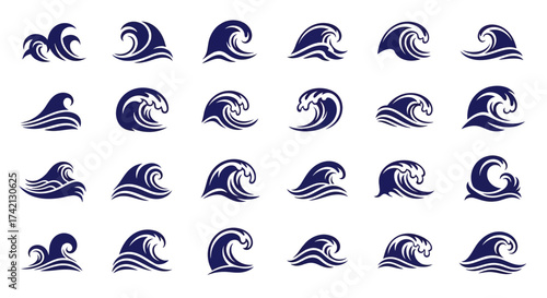 Collection of various dark blue wave icons in different styles on white background.