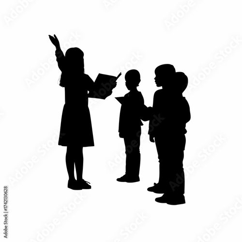 Silhouette of children singing in a school choir isolated on white background