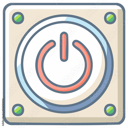 Square Button With Power Icon and Green Lights for Switching On and Off Electronics