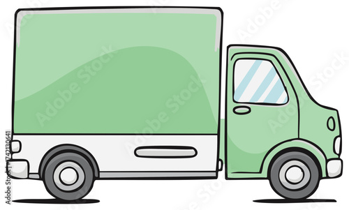 Cartoon delivery truck with green cargo box and white chassis, side view