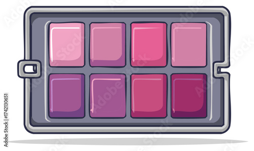 Eight vibrant pink and purple eyeshadow or blush colors in a makeup kit illustration