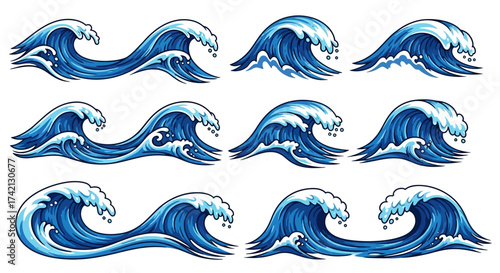 A collection of blue ocean wave graphics.
