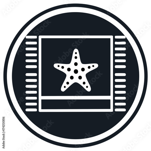 Simple monochrome graphic of a starfish within a stylized frame with geometric borders.