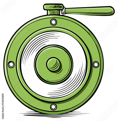 Unique green fishing fly reel, a vintage tackle tool with a cleaning brush, for anglers and collectors.