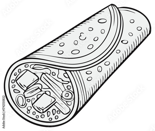 Black and white illustration of a fresh, delicious burrito with visible filling.