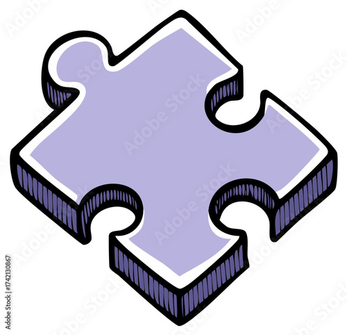 Cartoon puzzle piece illustration in purple with black outline