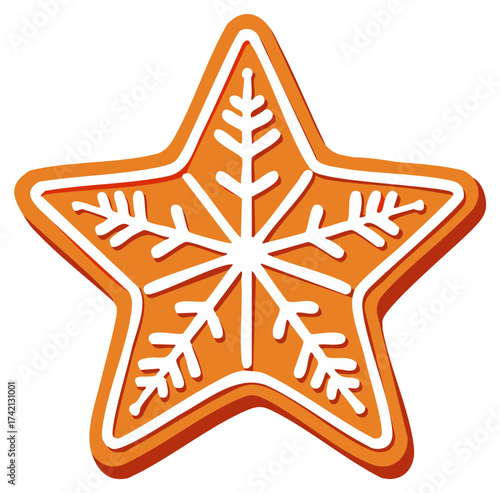 Gingerbread star cookie decorated with white icing snowflake pattern. Festive holiday baked treat.