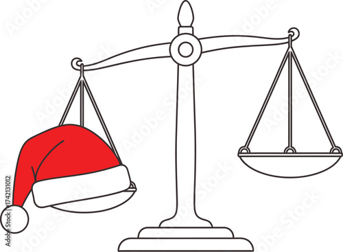 Scales of justice with santa hat showing imbalance on one side editable stock