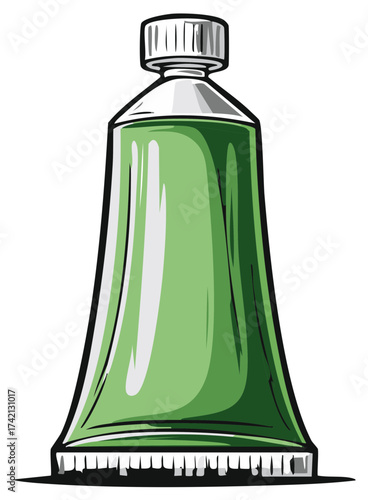 Cartoon illustration of a single green tube of artist paint with a silver cap