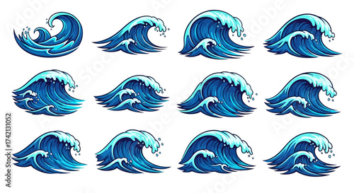 Collection of various blue ocean wave graphics.