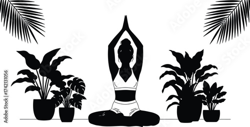 Woman in yoga pose surrounded by plants and palm fronds artwork editable stock
