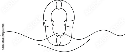 Black line drawing of life preserver floating on waves