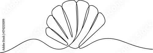 Single line drawing of a scallop shell on wavy lines