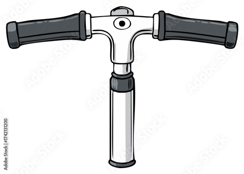 Illustration of scooter handlebars, black grips and silver colored steering tube for rider control and handling