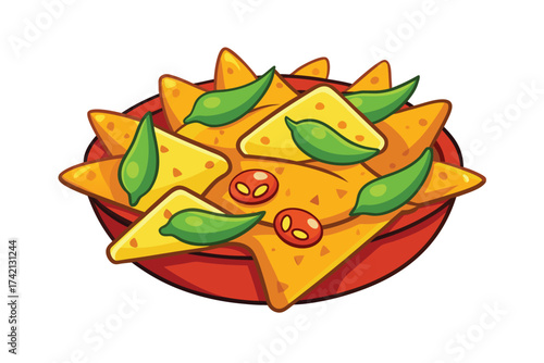 Cartoon Illustration of Cheesy Nachos with Jalapenos