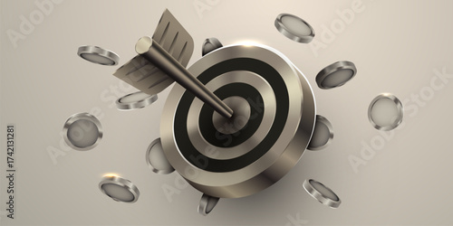 Target hit by arrow surrounded by coins, symbolizing financial success and achieving business goals. Vector illustration.