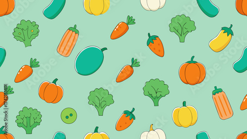 Seamless pattern with colorful vegetables including carrots, pumpkins, broccoli and zucchini on green background