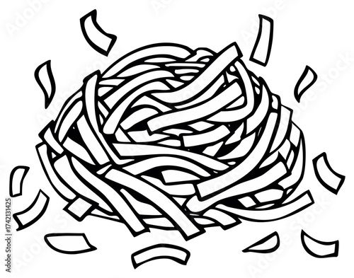 Stylized Fries Nest Illustration, Crispy Fried Potatoes Pile with Scattered Pieces, Black and White Food Sketch