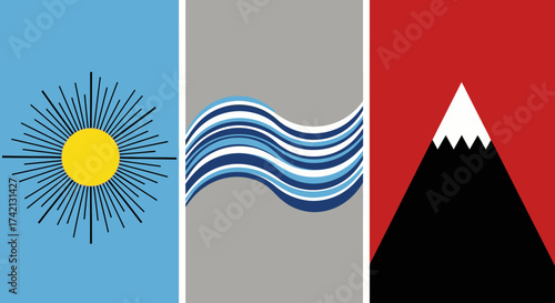 Ecuadorian National Flag with Sun, Water, and Mountain Symbols.