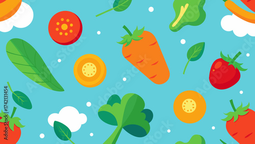Colorful seamless pattern with various vegetables, fruits and leaves on a bright blue background