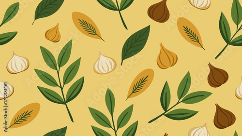 Seamless pattern with garlic, herbs and green leaves on a warm yellow background in flat cartoon style