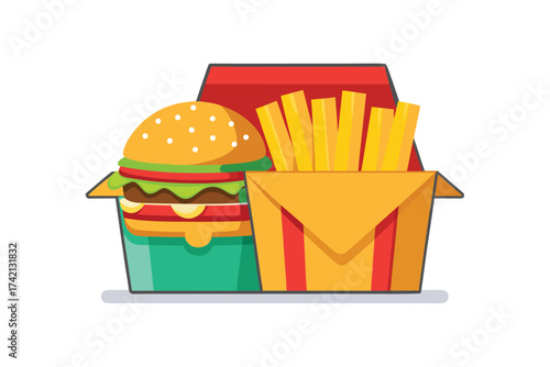 Cartoon Burger Box with Open Cheeseburger and Fries
