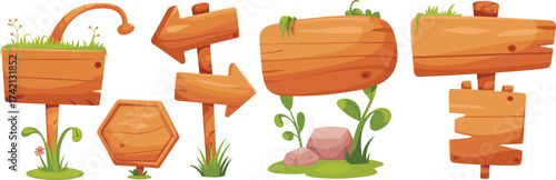 Cartoon wooden signboards with inspirational words in forest nature scene, playful adventure concept illustration for motivation, exploration, and creativity themes