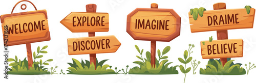 Cartoon wooden signboards with inspirational words in forest nature scene, playful adventure concept illustration for motivation, exploration, and creativity themes